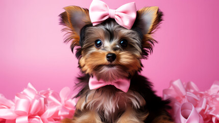 Cute Yorkshire terrier puppy with pink bow tie and bow on pink background.