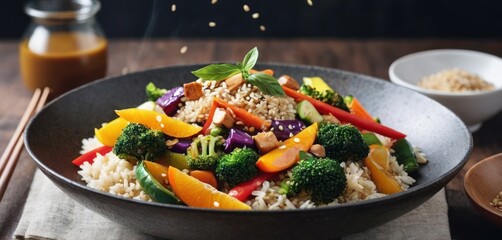  a bowl of rice, broccoli, carrots, and other vegetables with chopsticks on the side.