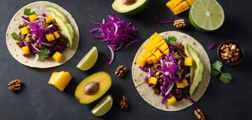  a couple of tacos sitting on top of a table next to sliced avocado and pineapples.