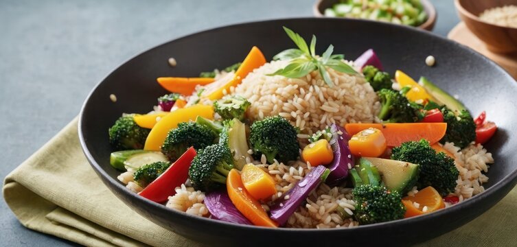  a bowl filled with rice, broccoli, and other veggies on top of a yellow napkin.