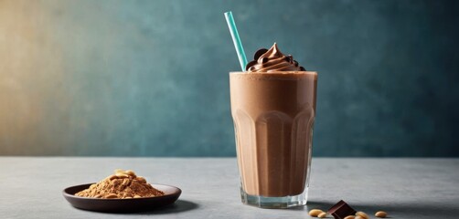  a glass of chocolate milkshake next to a bowl of nuts and a spoon with a chocolate milkshake on it.