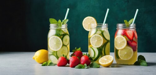  three mason jars filled with lemons, strawberries, and cucumbers next to lemons and strawberries.