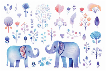 Set Of Watercolor paintings Elephant on white background. 