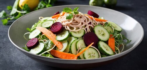  The image depicts a bowl filled with mixed vegetables, including carrots and cucumbers. The carrot slices are placed.