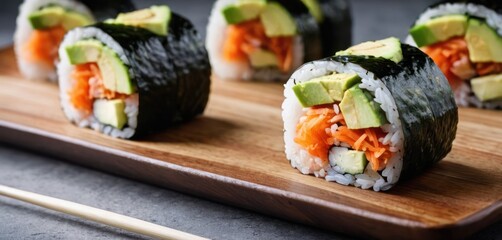  .There are 6 sushi rolls on the wooden board, each with different fillings. The first roll has fish and avocado as. - obrazy, fototapety, plakaty