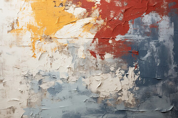 Abstract background on old canvas, combination of red, blue, yellow and white, painted with watercolors.