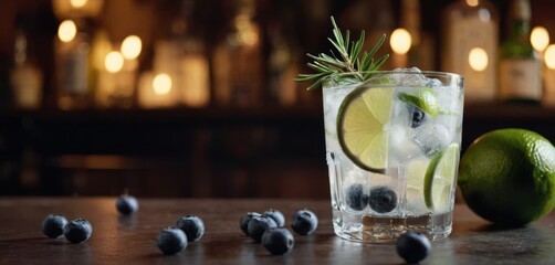  .A glass with gin, blueberry syrup and lime slices is filled halfway. The table is also topped with several blueber. - obrazy, fototapety, plakaty