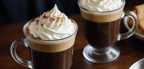  .The image features two cups of hot cocoa, each topped with whipped cream. The first cup is placed in the top left part.