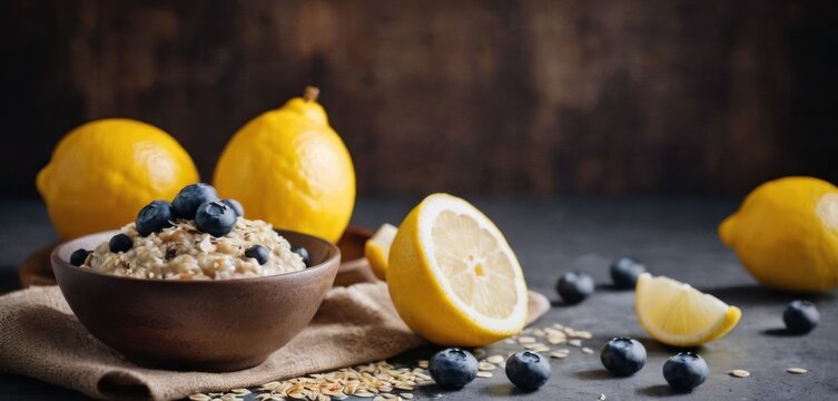  .This image features a large wooden bowl containing granola and blueberries. Surrounding the bowl are several lemon wedges, with.