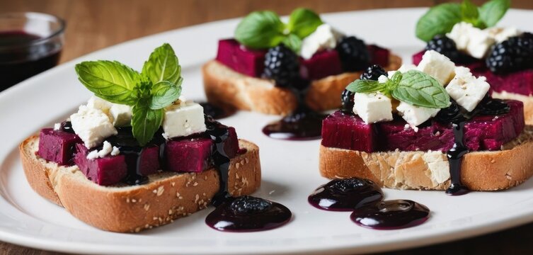  .The image displays a white plate with four toast slices covered in blackberry jam. There are several pieces of bread scattered around the plate, and.