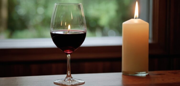  .The image features a wine glass that is half filled with red wine. It is placed on top of a table, accompanied by a lit candle in.
