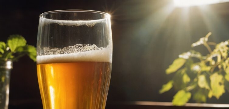  .In the image, there is a tall glass of beer on top of a table. The clear glass has a foamy head in it and appears.