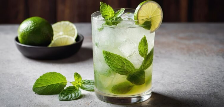  .A minty green drink is being served in a clear glass with limes garnishing the rim and the side of the glass. There are also.