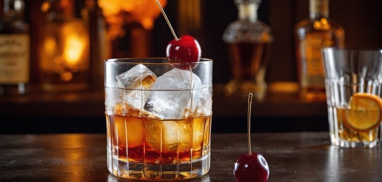  The image depicts a delicious cocktail made from a cherry and two olive-flavored garnishes. The drink is.