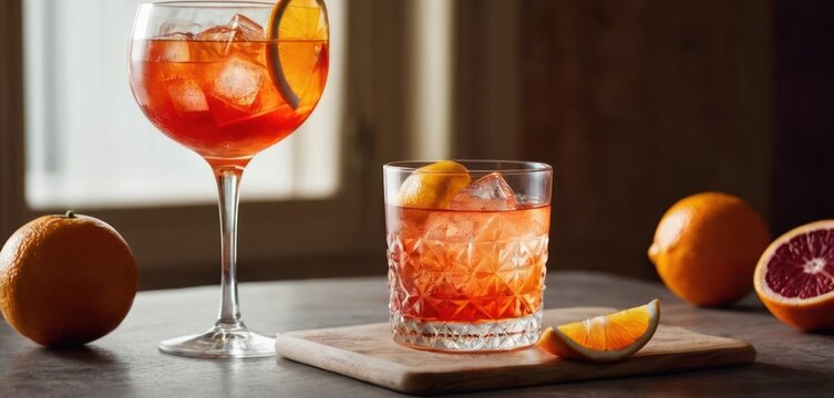  The image features a table with two glasses of red wine, some oranges and grapefruit. One of the glasses has orange juice.