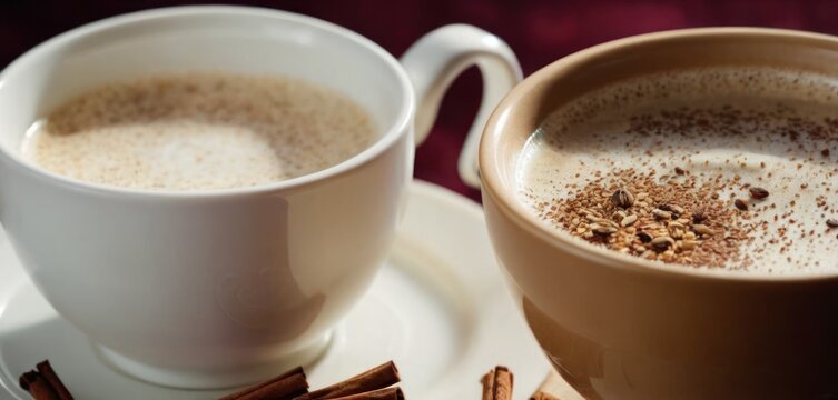  The image features a brown coffee mug filled with coffee, and next to it is an empty white coffee cup. Both cups are on a table or.