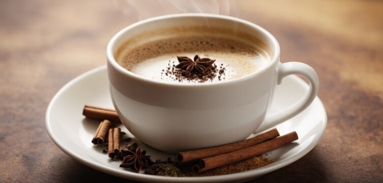  .The cup of coffee has cinnamon sprinkled on top and is placed on a white plate. The photo shows the coffee from above,.