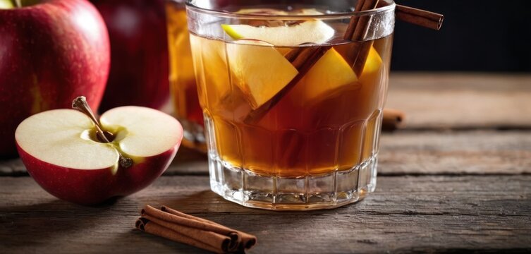  The image features a glass filled with a beverage, likely apple cider, with an apple slice in front of it. The drink is poured into.