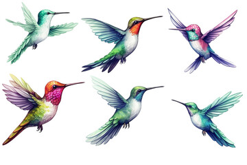 Fototapeta premium Set Of Watercolor paintings Hummingbird on white background. 