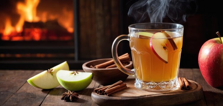  .The image features a cup of tea placed on a table next to a bowl containing cinnamon and apple slices. The tea is served.