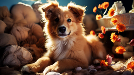 Cute dog and flower on light background.