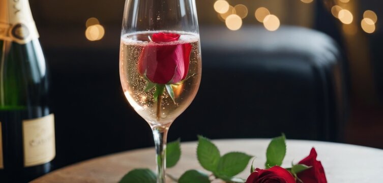  This image showcases a table with a glass of champagne, a vase of roses, and a rose petal floating in the glass. The.