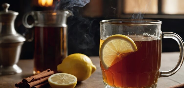  A mug of tea with lemon and cinnamon in it is sitting on a wooden counter. There are also two lemons and some c.