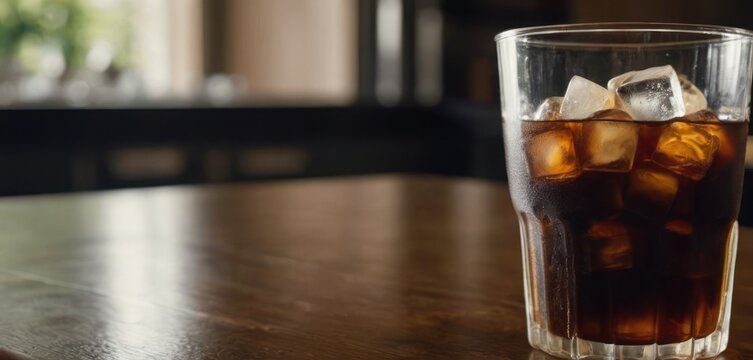  The image features a table with a glass cup filled with ice and soda. The table is made of wood, and the glass has two ice cubes.