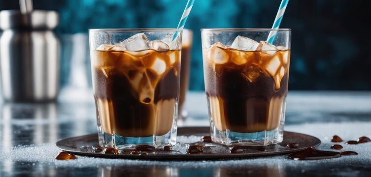  The image features a table with two glasses filled with ice and coffee. The glasses are placed on a coaster, which is on top of the.