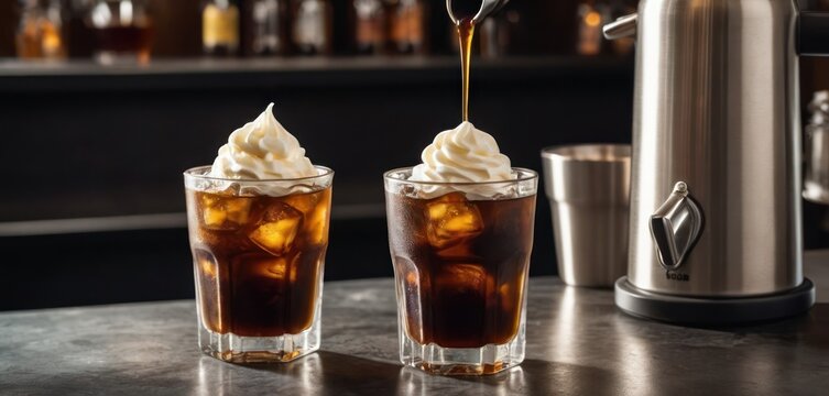  The image depicts a bar scene with two glasses filled with beverages. The drinks are topped off with whipped cream,.
