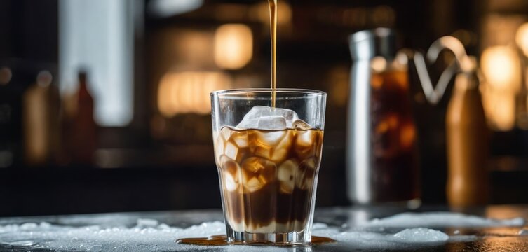  The image shows a close up of a glass cup with ice and coffee. The drink has been partially consumed, leaving a little bit of froth on.