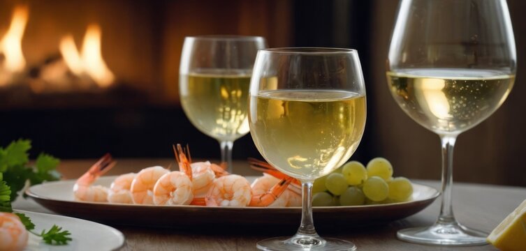  .The image features a table filled with various foods and drinks, including wine glasses. A plate of shrimp sits next to another.