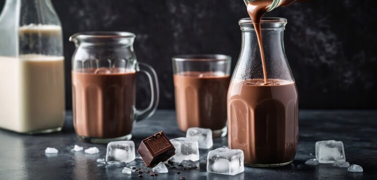  .The image features a table with three mason jars full of liquid, which seems to be chocolate milk. In addition, there are three.