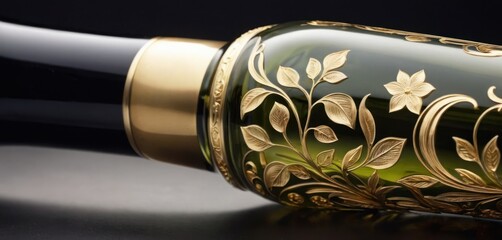  .This is a fancy bottle of wine with an ornate design on it. The bottle has gold and silver designs, which include leaves, flowers.