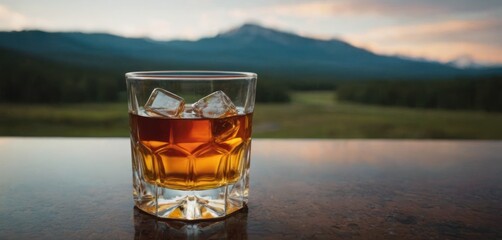  .In the image, a glass of whiskey is sitting on top of a wooden table. The table is placed in front of a mountain range with a.