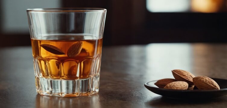  The image shows a small glass, possibly containing whiskey or another type of alcohol, sitting on a table. Next to the drinking glass is a.