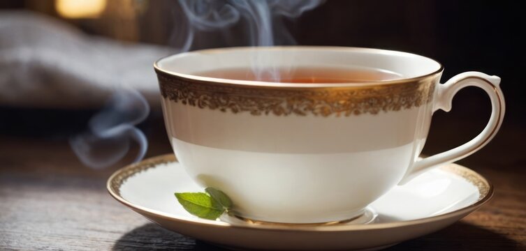  The image shows a white tea cup on a saucer with a teabag in it. The teacup is placed on a wooden table, and.