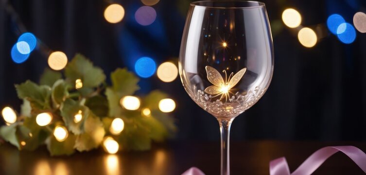  The image features a wine glass with a butterfly on it, sitting on top of a table. The background is illuminated by lights, creating.