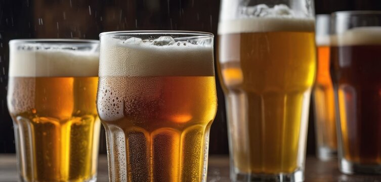 This is a close-up picture of several glasses filled with beer. The glasses are placed on a table, and some of them contain fro.