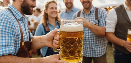  The image shows a group of people gathered around in a field, holding up large beer steins. Among the group, there is a man wearing. - obrazy, fototapety, plakaty