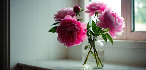  .In the image, there is a vase full of pink flowers sitting on top of a counter or ledge. The vase contains three bou.