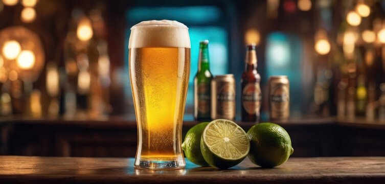  In the image, there is a glass of beer sitting on a wooden table with limes next to it. The limes are green and placed in.