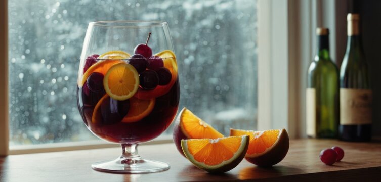  .The image features a wine glass filled with fruit juice and two slices of orange beside it. The glass is placed on top of a table,.