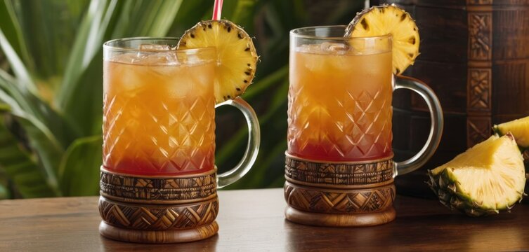  .The image displays two large, brown mugs filled with a refreshing cocktail. Both cups are adorned with pineapple.