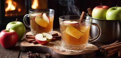  The image features a table with two glasses of apple cider, along with some apples and cinnamon. The glasses are placed on.