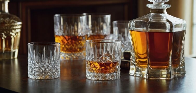  The image features a wooden table with a bottle of whiskey and four glasses. The whiskey is placed on the right side, with one glass.