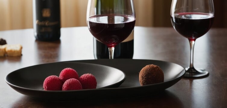  The image shows a dining table with a black plate containing two red raspberries and a chocolate covered cherry. A bottle of.
