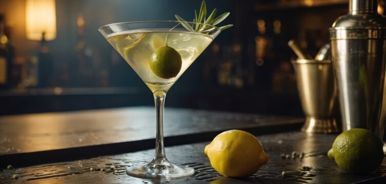  The image features a martini glass filled with gin on top of the bar counter. Next to the martini, there is a lemon and an.