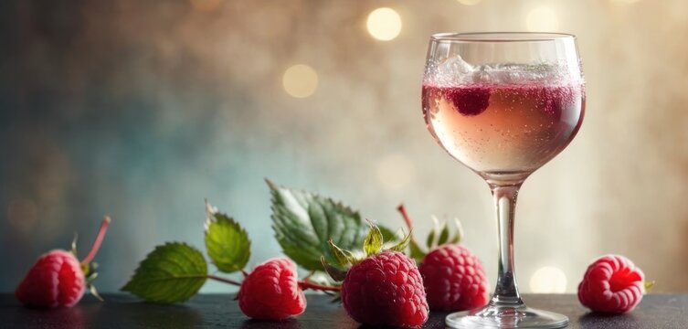  .The image displays a wine glass filled with pink wine. Next to the wine glass, there are several strawberries and leaves, creating an.