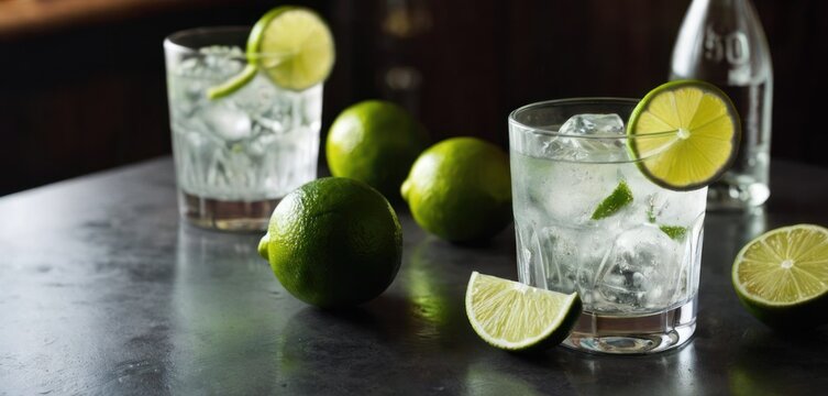  .This image features a table with two glasses of iced lime drinks. There are also multiple slices of limes and a few pieces.